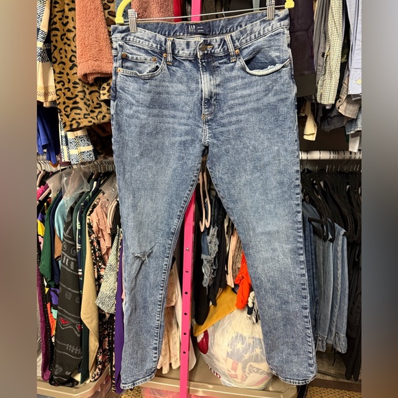 Gap skinny destroyed distressed blue jeans men’s size 34W 32L medium wash denim - Picture 1 of 6